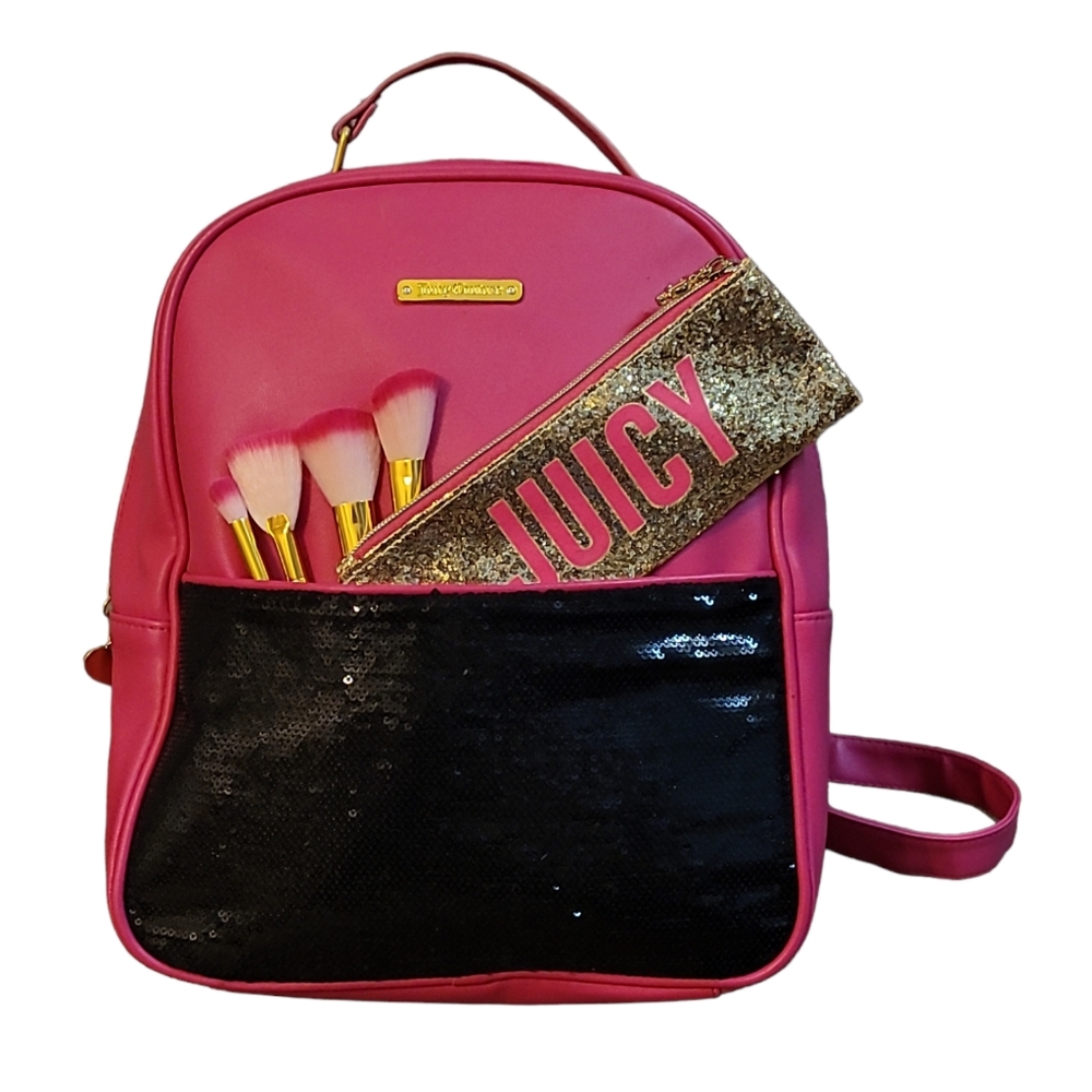 Juicy Couture Pink Blk Sequins Backpack, Gold Glitter Makeup Bag & Brushes
